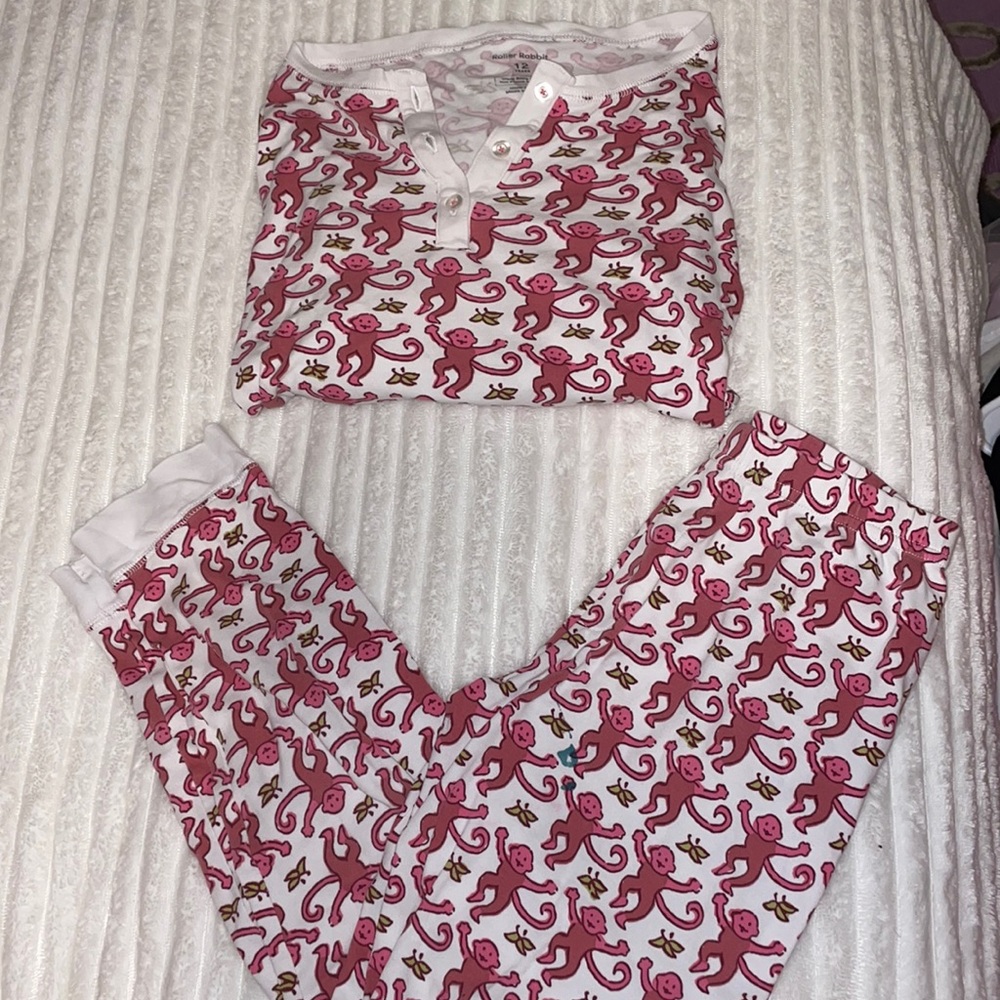 Roller rabbit pink money pajama’s - kids size 12. Long sleeve top and pants